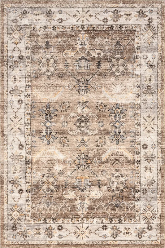 Erma Vintage Floral Medallion Washable Rug | Beige