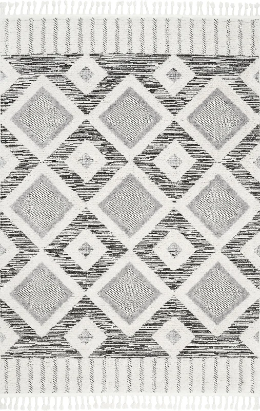 Shaggy Checkered Tiles Tassel Rug | Grey