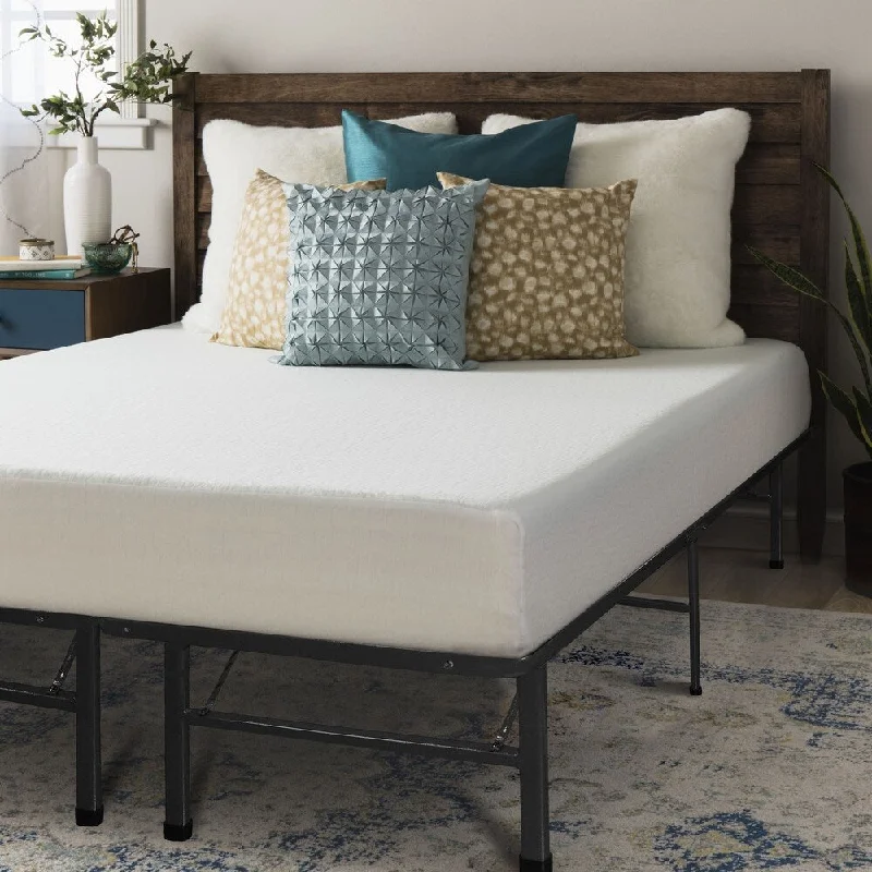 8 Inch Memory Foam Mattress with Bed Frame, Brackets and Bed Skirt Set By Crown Comfort