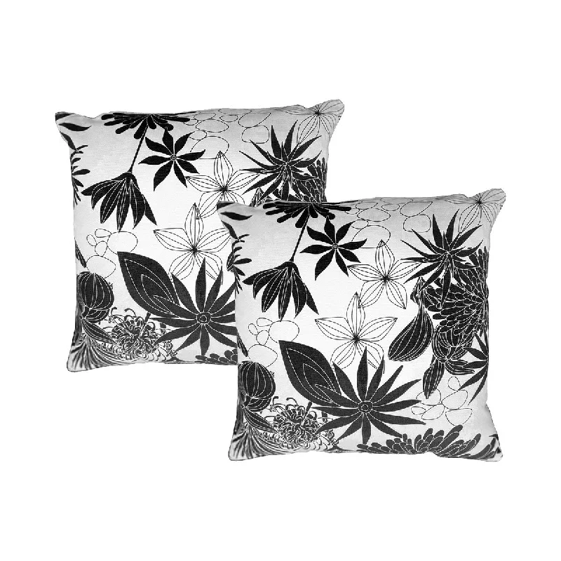 17 x 17 inch Square Cotton Accent Throw Pillows, 2-Piece Black and White Floral Print Decorative Cushion