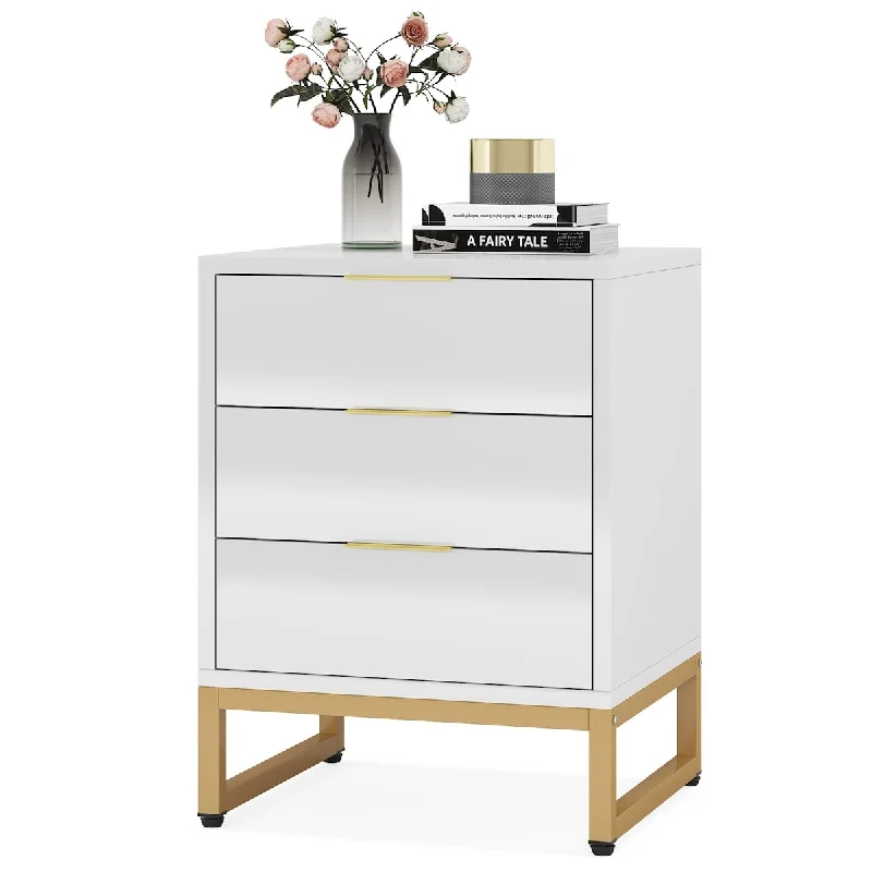 3 Drawers Nightstand, Modern Bedside Table with Metal Frame, Side End Table for Bedroom Living Room, White and Gold