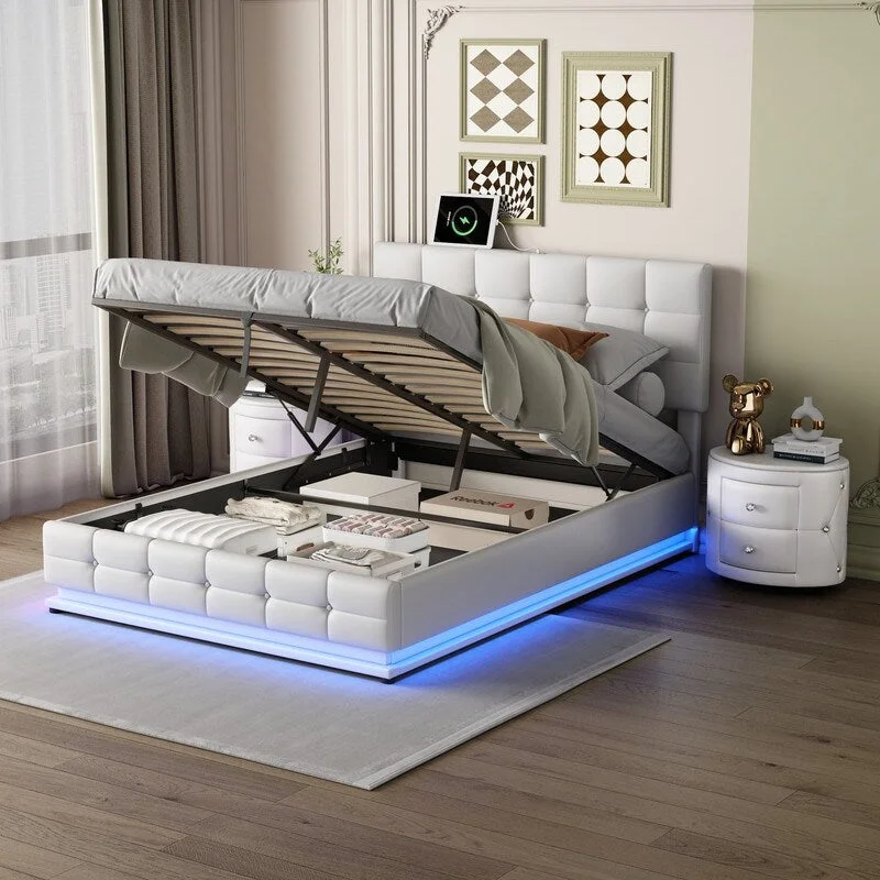 3Pcs LED Queen Size Upholstered Bed Set with Hydraulic Storage System,USB Charging Station and 2 Nightstands