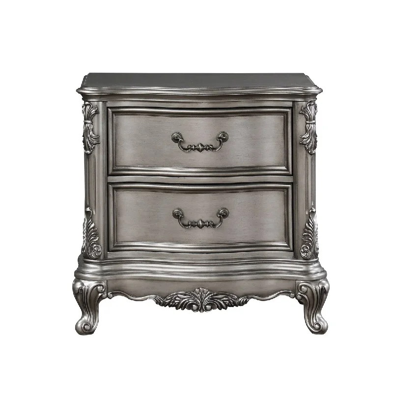 Antique Platinum Finish Nightstand, Transitional Bedside Table with 2-drawer and Wood Frame, for Bedroom