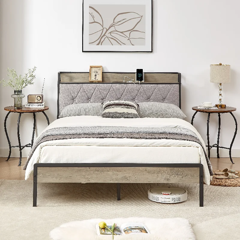 Bed frame with charging station full size, Grey