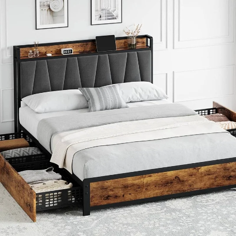 Bed Frame with Storage Linen Upholstered Headboard