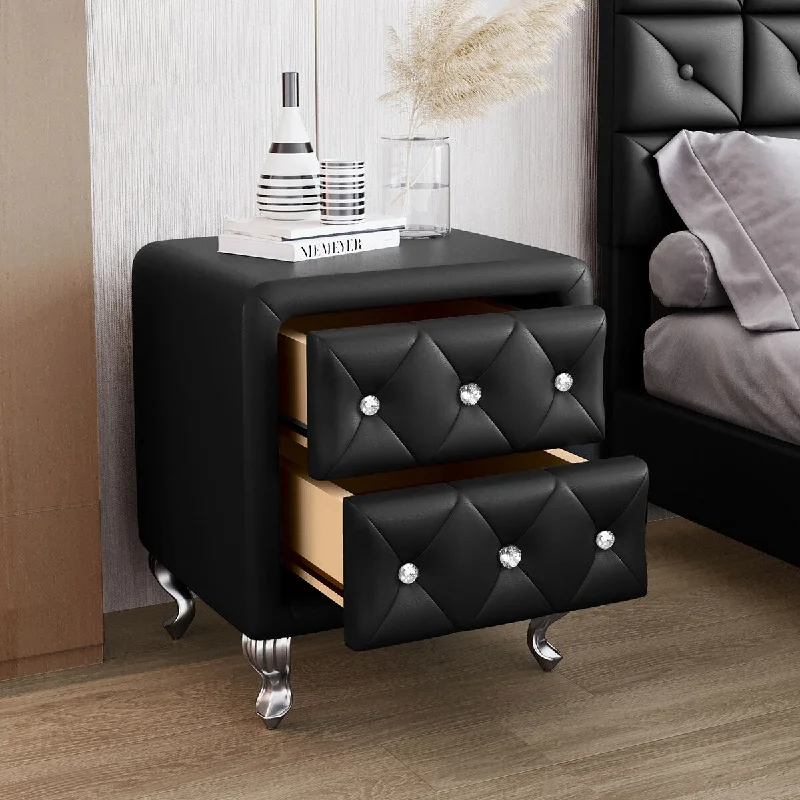 Bedroom PU Nightstand, Display Cabinets Living Room with 2 Drawers and Crystal Handle, Bedside Table with Metal Legs - Black