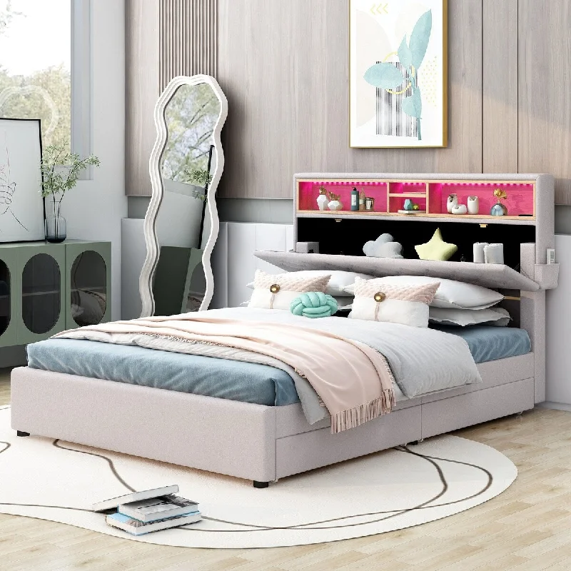 Beige Full Size Upholstered Platform Bed with Built-in Storage for Added Convenience