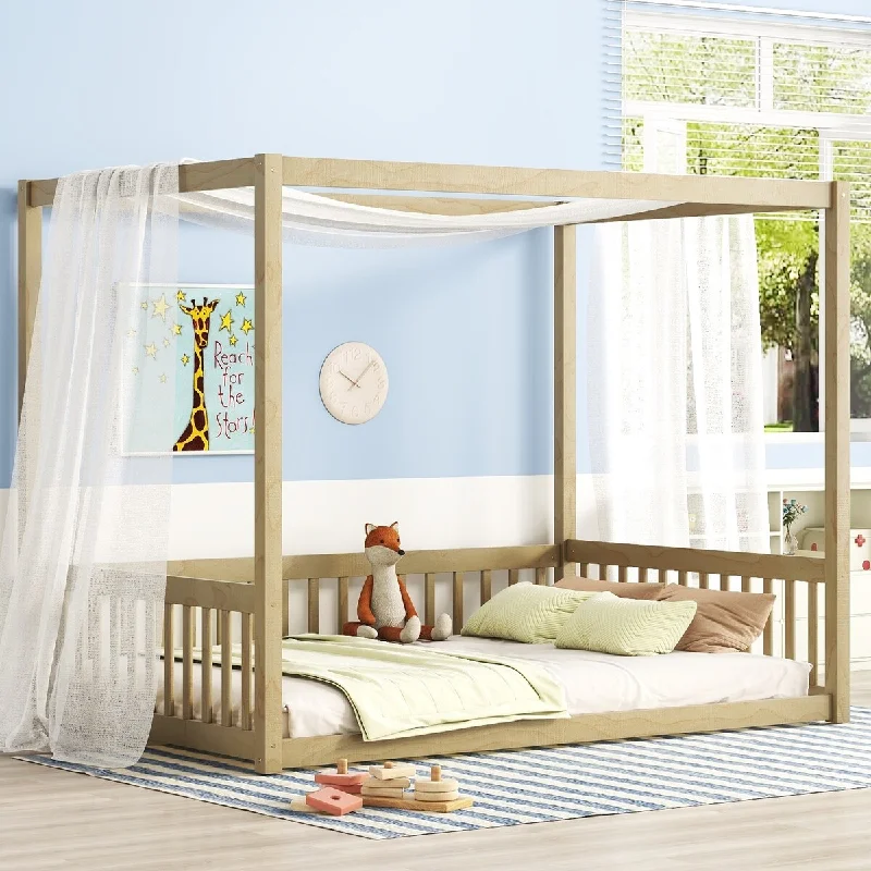 Beige Full Size Wood Canopy Bed with Guardrails