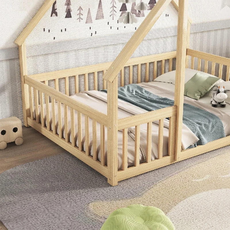 Beige Full Size Wood House Floor Bed with Secure Guardrails