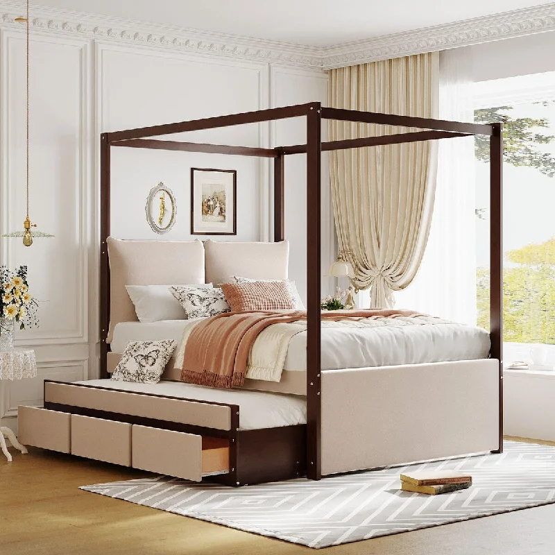 Beige Full SizeUpholstered Canopy Bed with Trundle Bed