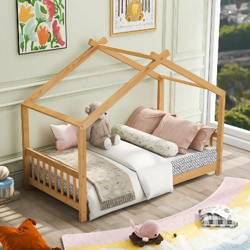 Beige Twin Size House Platform Bed with Roof Design for Unique Style