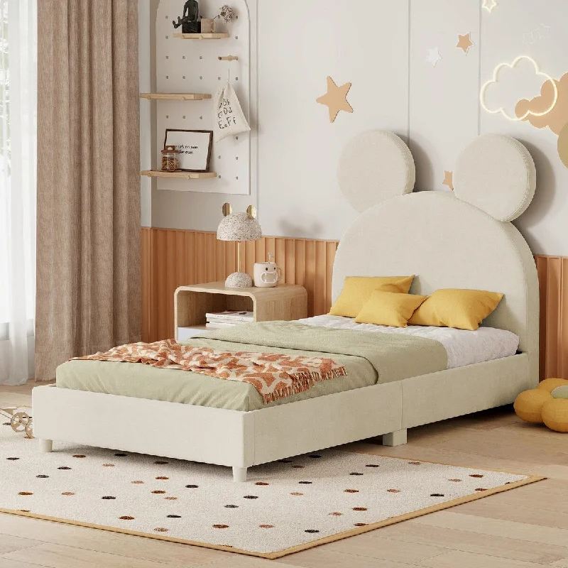 Beige Twin Size Upholstered Platform Bed, with Bear Ear Shaped Headboard