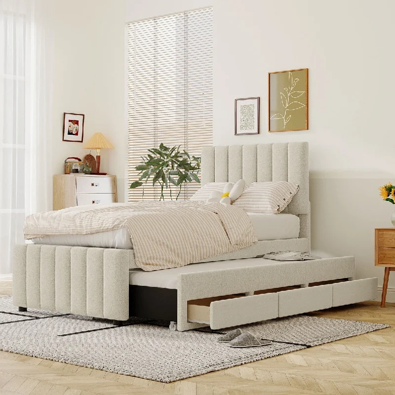 Beige Twin SizeContemporary Upholstered Platform Bed with Trundle and 3 Drawers, Linen Fabric