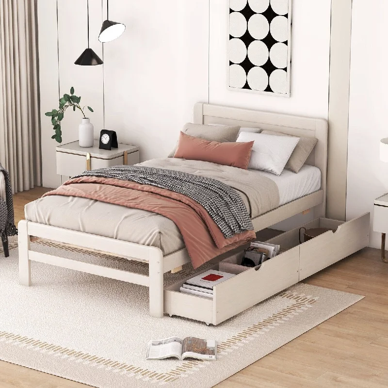 Beige Twin SizeModern Platform Bed Frame with Two Drawers, Offering Extra Storage Space and Sturdy Construction