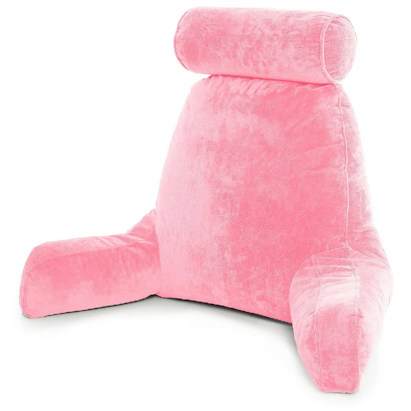 Big Reading & Bed Rest Pillow with Arms, Sit Up Tall with Shredded Memory Foam, Neck Roll, Plush Covers & Zipper Shell