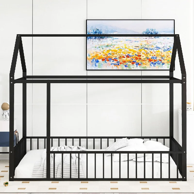 Black Full Size Metal Bed House Bed Frame with Fence