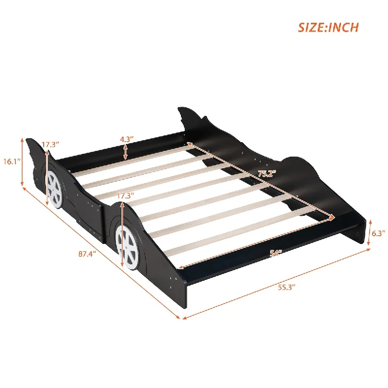 Black Full Size Plywood Race Car-Shaped Platform Bed with Wheels