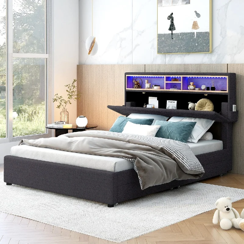 Black Full Size Upholstered Platform Bed with Built-in Storage for Added Convenience