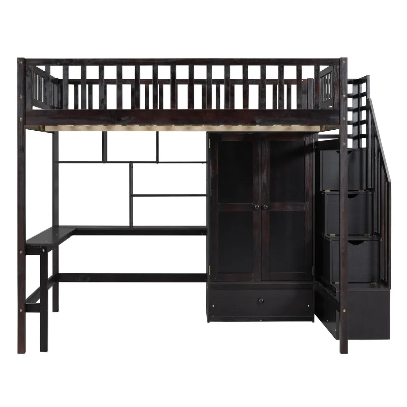 Black Full Solid Wood Loft Bed with Bookshelf