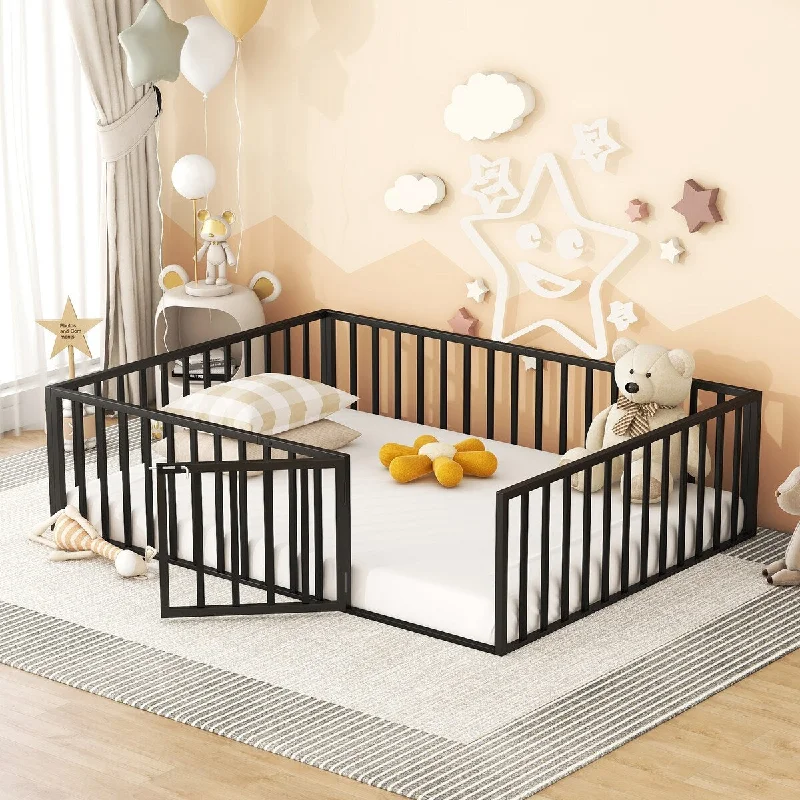 Black Queen Size Metal Floor Bed Frame for Toddlers Perfect for Bedroom