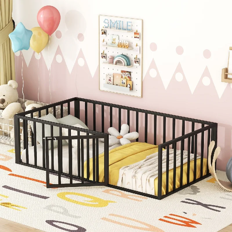 Black Twin Size Metal Floor Bed Frame with Fence and Door - Play Space