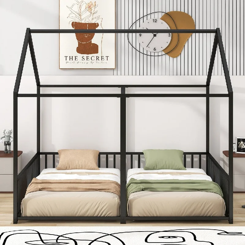 Black Twin Size Metal House Bed, Platform Beds, Two Shared Beds