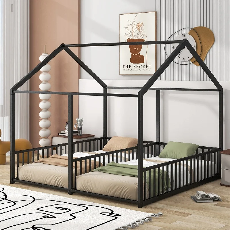 Black Twin Size Metal House Bed with Shared Beds