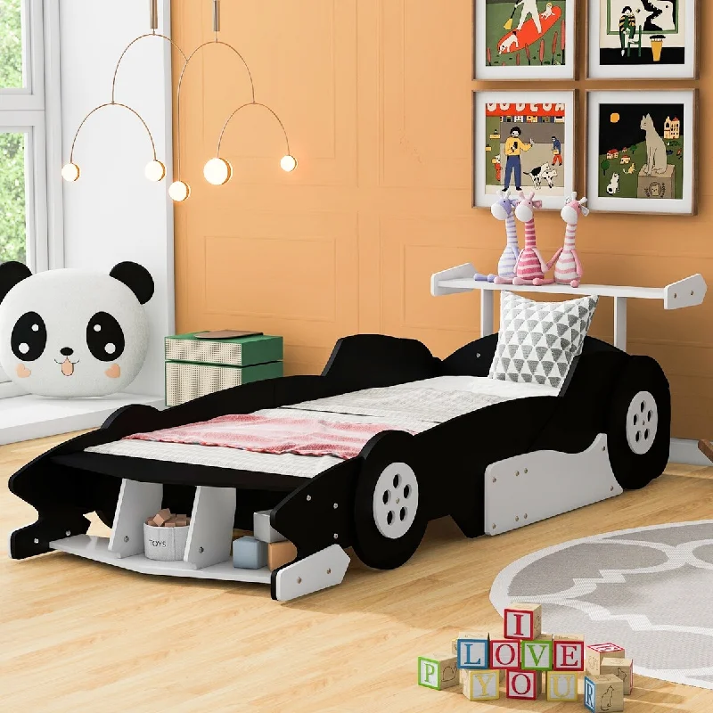 Black Twin Size Solid Wood Car-Shaped Platform Bed, with Wheels and Storage Rack