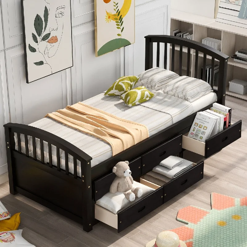 Black Twin Size Storage Platform Bed with Six Drawers - Pinewood Construction