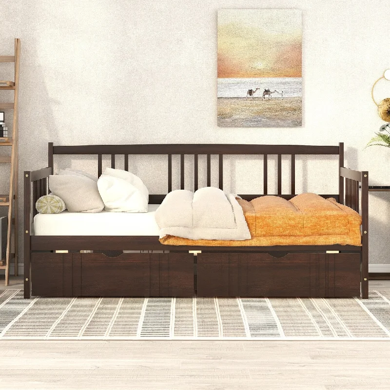 Black Twin SizeEspresso Wood Daybed with Storage Drawers