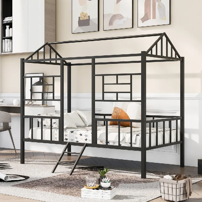 Black Twin SizeMetal House Bed Frame with Guardrails