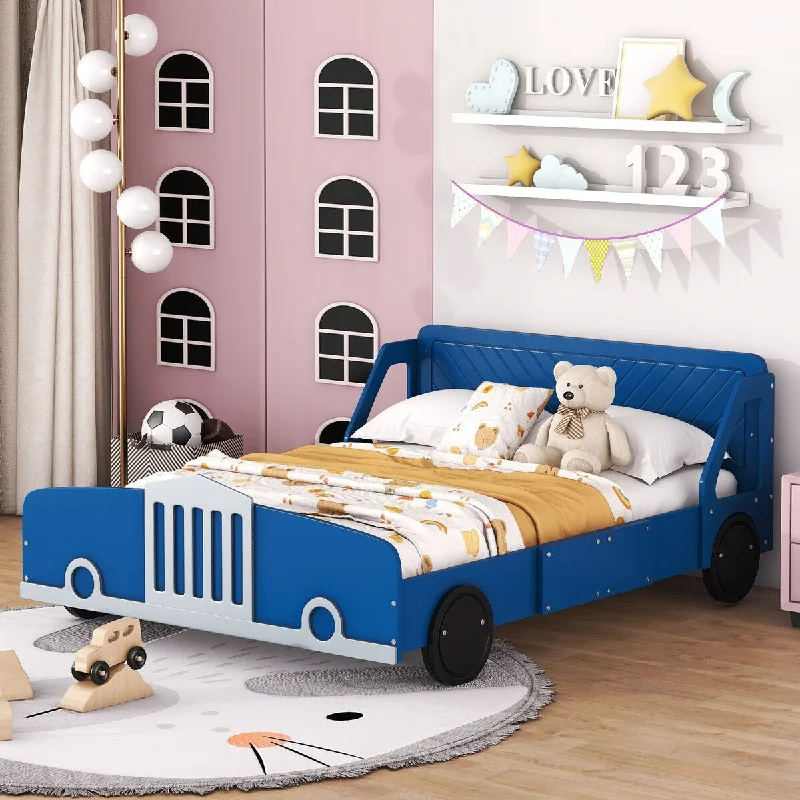 Blue Full Size Car-Shaped Platform Bed with Wheels