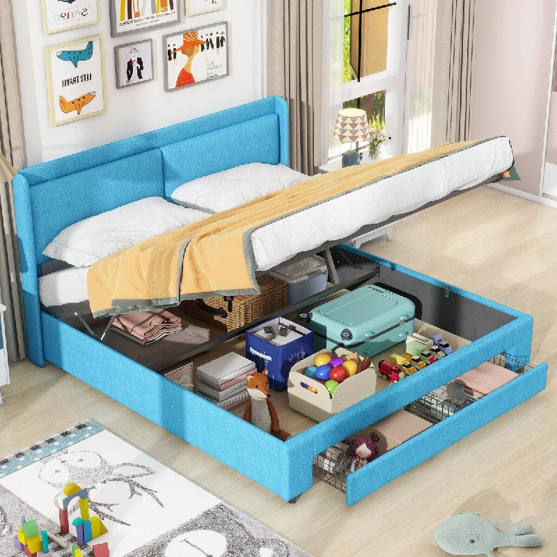 Blue Queen SizeModern Upholstered Hydraulic Platform Bed with 2 Drawers