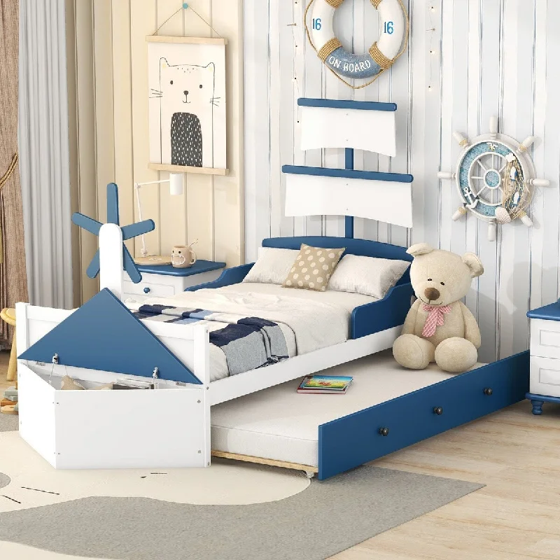 Blue Twin Size Wood Boat-Shaped Platform Bed with Trundle Perfect for bedrooms