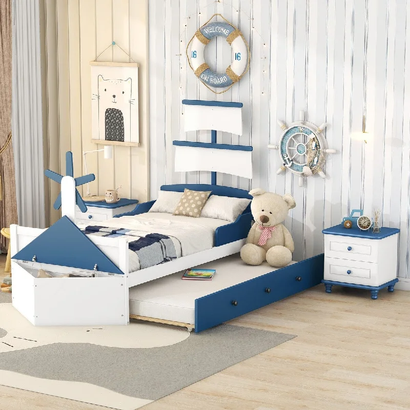 Blue Twin Size3-Pieces Bedroom Sets, Boat-Shaped Platform Bed with Trundle and Two Nightstands