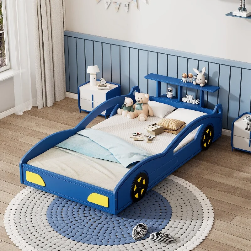 Blue Twin SizeVibrant Race Car Bed for Teens - Car-Shaped Platform Bed with Storage Rack, Safety Rails, and Easy Assembly