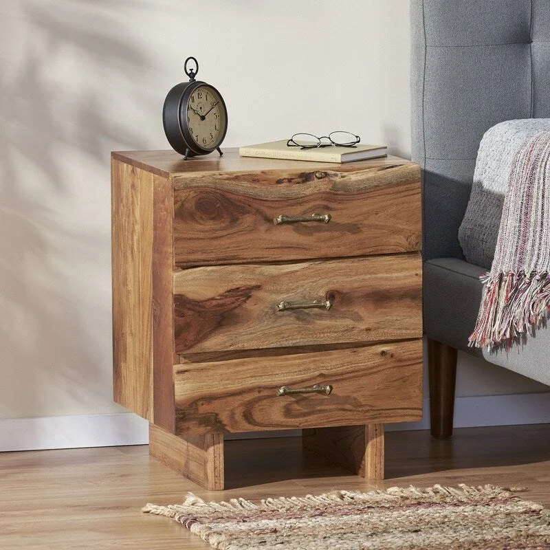 BOHO 3-drawer Acacia wooden Nightstand Bedside Table with Antique Brass Handles