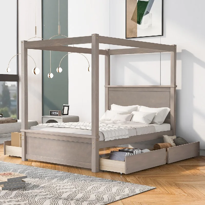 Brown Full Canopy Platform Bed with Drawers