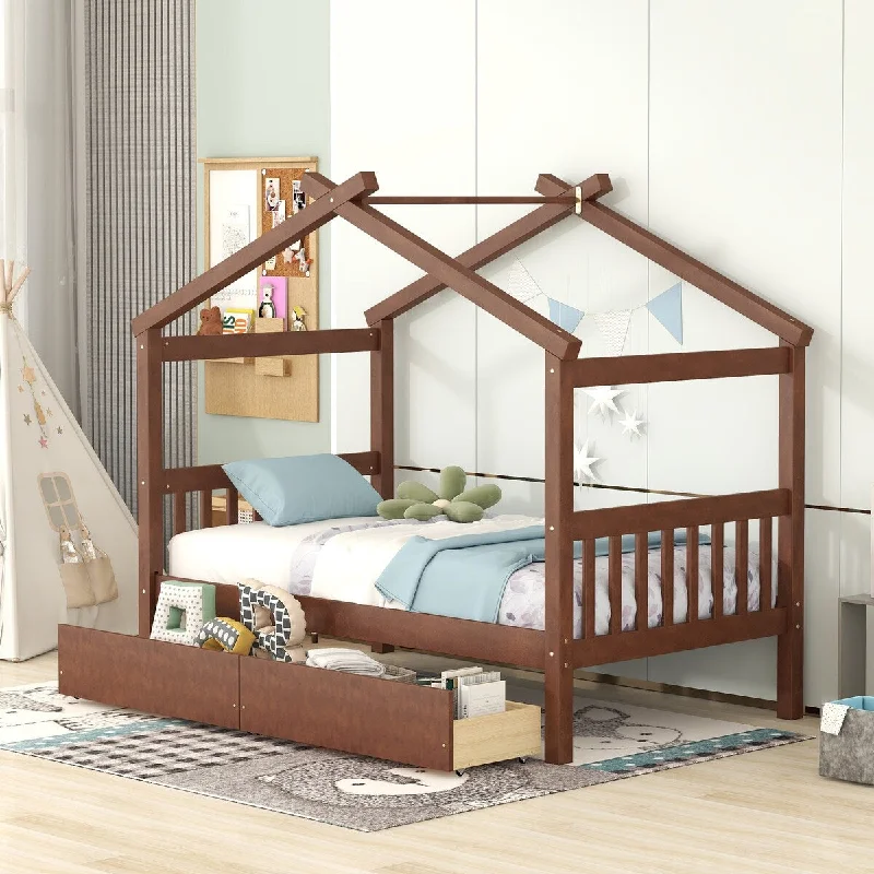 Brown Twin Size House Day Bed with Drawers