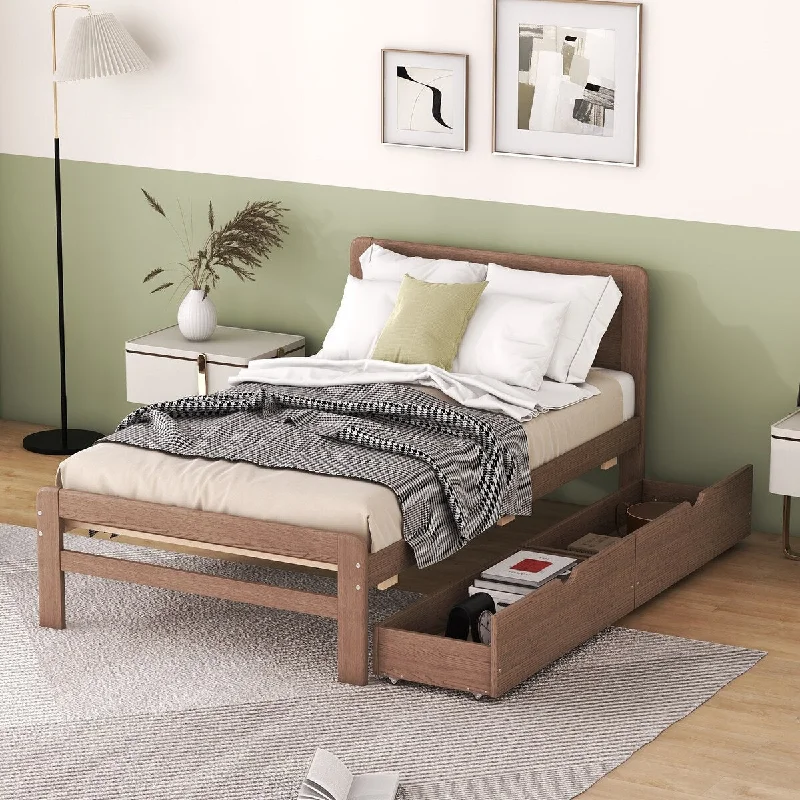 Brown Twin SizeModern Platform Bed Frame with Two Drawers, Offering Extra Storage Space and Sturdy Construction