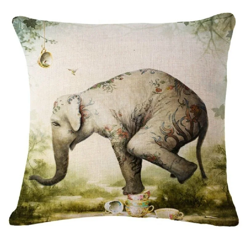 Cotton Linen Pillow Case Elephant on Teachups 18 x 18