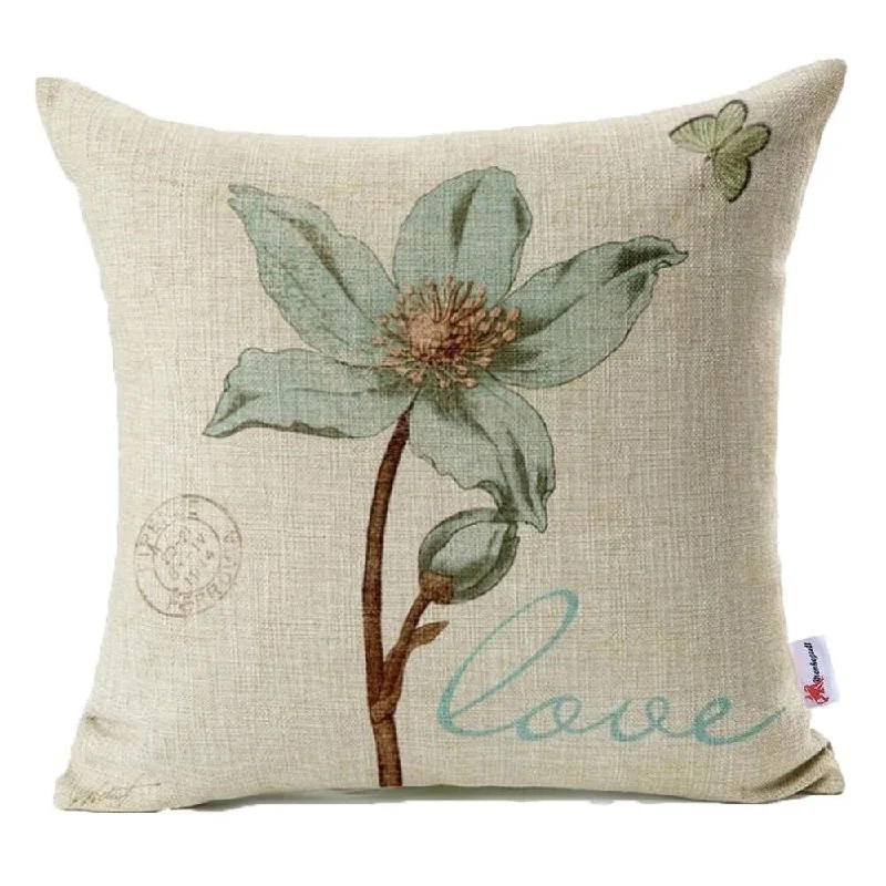 Cotton Linen Pillow Case Flower Green Love 18 x 18