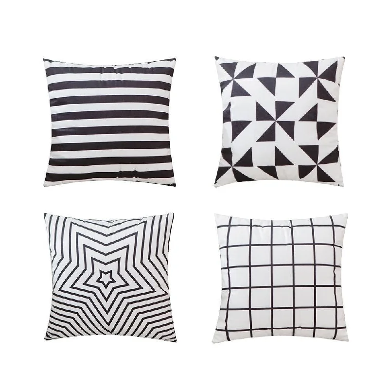 Cotton Linen Pillow Case Geometric Pattern Black & White 18x18 Set 4