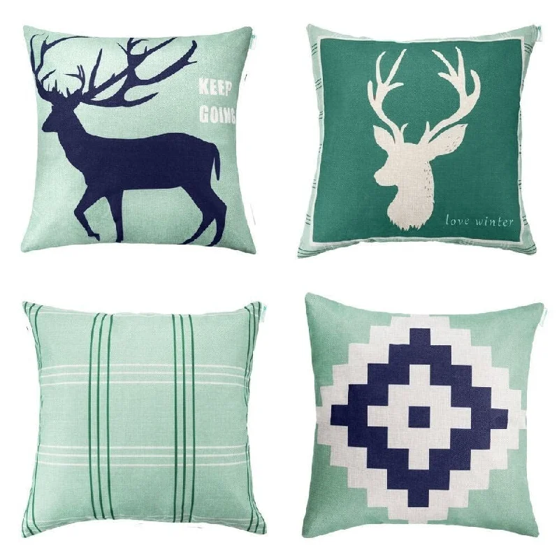 Cotton Linen Pillow Deer Themed 18 x 18 Set of 4