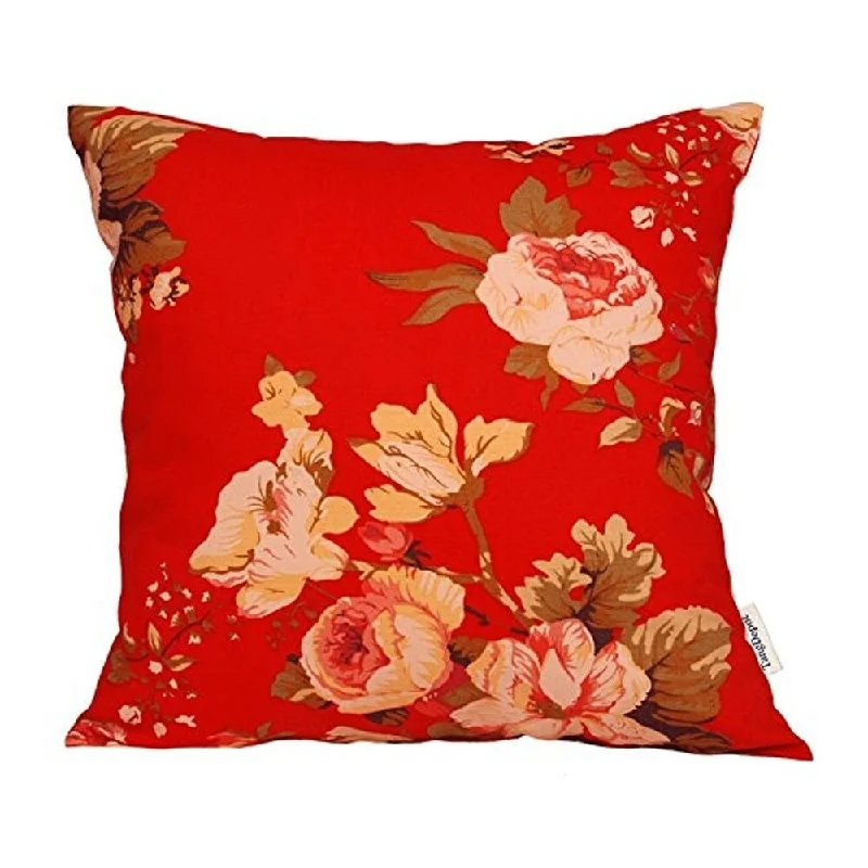 Cotton Linen Pillowcase Tree Peony Red 18 x 18