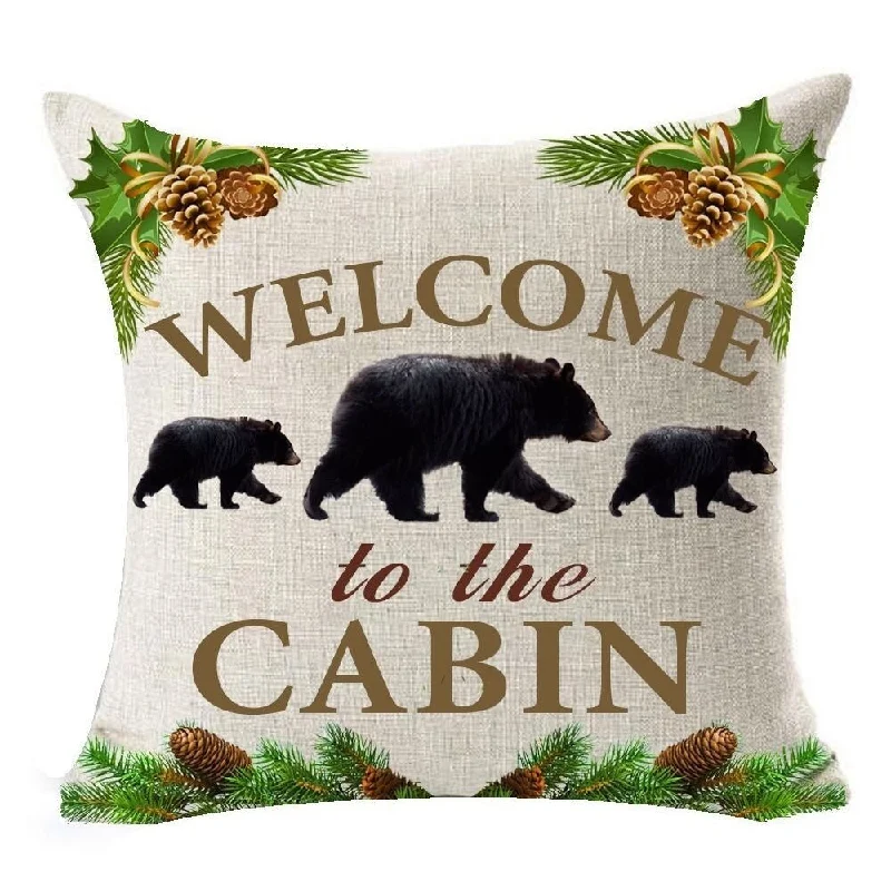 Cotton Linen Pillowcase Welcome to Cabin Bear 18 x 18