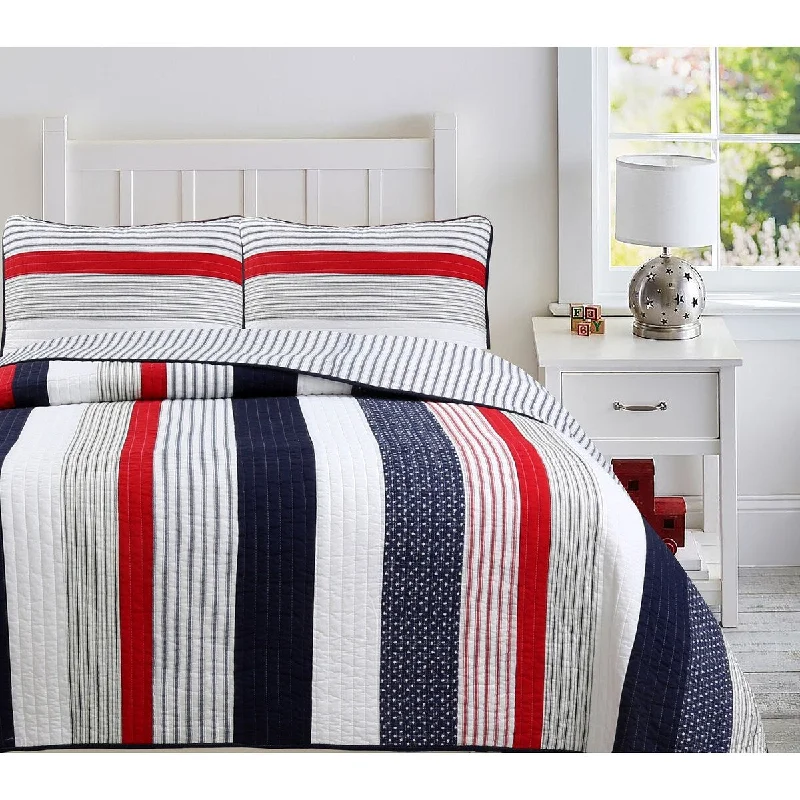 Cozy Line Liberty Patriotic Stripes Reversible Red Blue White Striped Patchwork Cotton Quilt Bedding Set