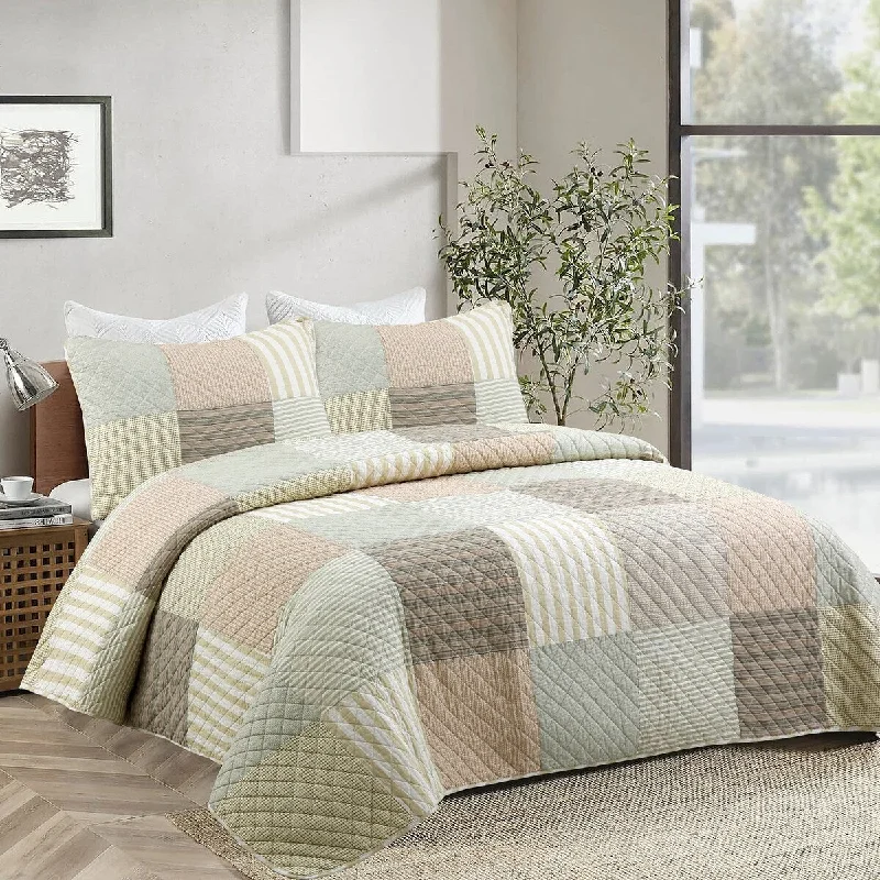 Cozy Line Stripe Checker Patchwork Cotton Reversible 3 Piece Quilt Bedding Set