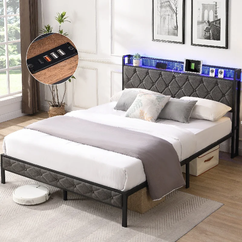 Dark Grey Full Bed with Storage Headboard, Charging Station and LED Lights