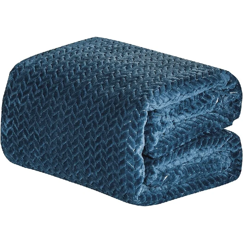 Décor&More HomeEssentials Extra Heavy and Plush Chevron Braided Twin Size Microplush Jacquard Blanket (66" x 86") - Navy